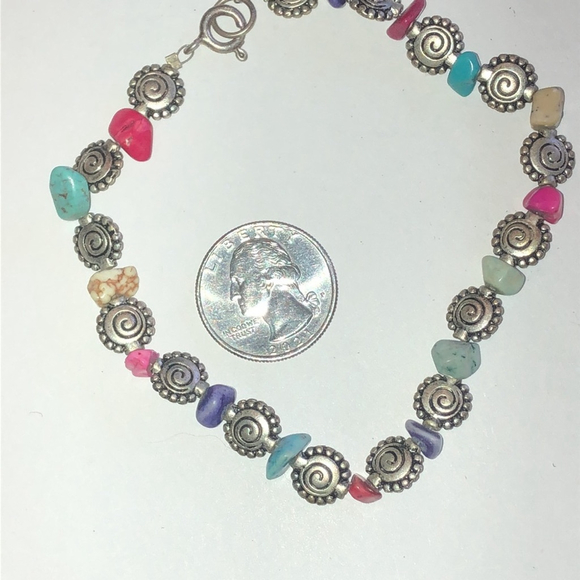 925 Sterling Silver Multicolor Semi Precious Stone Beaded Boho Ankle Bracelet - Picture 4 of 5